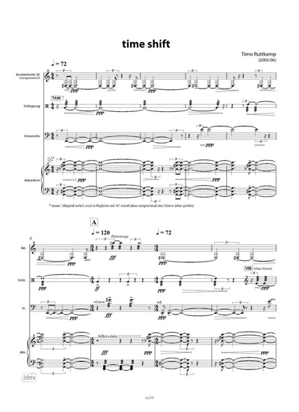 time shift für Bassklarinette, Violoncello, Akkordeon und Schlagzeug (2006) time shift für Bassklarinette, Violoncello, Akkordeon und Schlagzeug (2006)