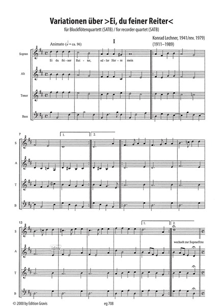 Variationen über >Ei, du feiner Reiter< für Blockflötenquartett (1941/rev. 1979) Variationen über >Ei, du feiner Reiter< für Blockflötenquartett (1941/rev. 1979)