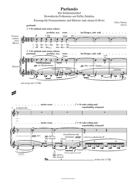 Parlando für Frauenstimme oder Frauenchor und Klavier mit einem E-Bow (2021)