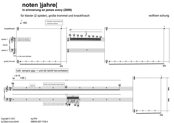 noten )jahre( für Klavier (2 Spieler), große Trommel und Knackfrosch (2009)