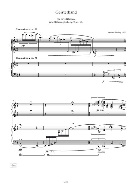 Geisterhand für zwei Klaviere und Röhrenglocke ad libitum (2020)