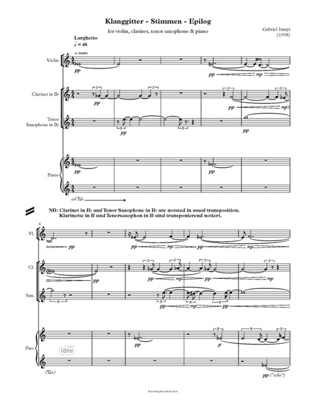 Klanggitter - Stimmen - Epilog für Violine, Klarinette in B, Tenorsaxophon und Klavier (1998)