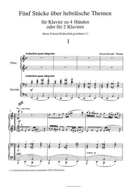 Fünf Stücke über hebräische Themen für Klavier zu 4-Händen oder für 2 Klaviere Fünf Stücke über hebräische Themen für Klavier zu 4-Händen oder für 2 Klaviere