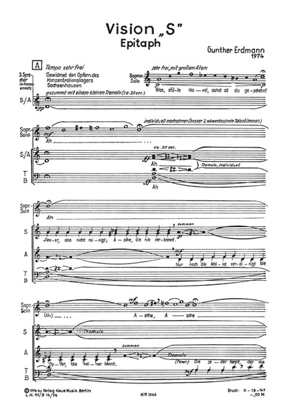 Vision S (Epitaph) für Solosopran, gemischten Chor a cappella und Geräusche Vision S (Epitaph) für Solosopran, gemischten Chor a cappella und Geräusche