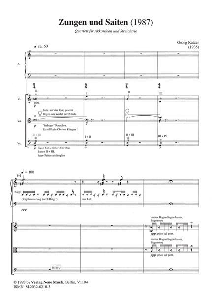 Zungen und Saiten für Akkordeon und Streichtrio für Akkordeon und Streichtrio (1987) Zungen und Saiten für Akkordeon und Streichtrio für Akkordeon und Streichtrio (1987)