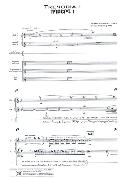 Armenia Clamans für 2 Oboen, Sprecher und gemischten Chor (1999) Armenia Clamans für 2 Oboen, Sprecher und gemischten Chor (1999)