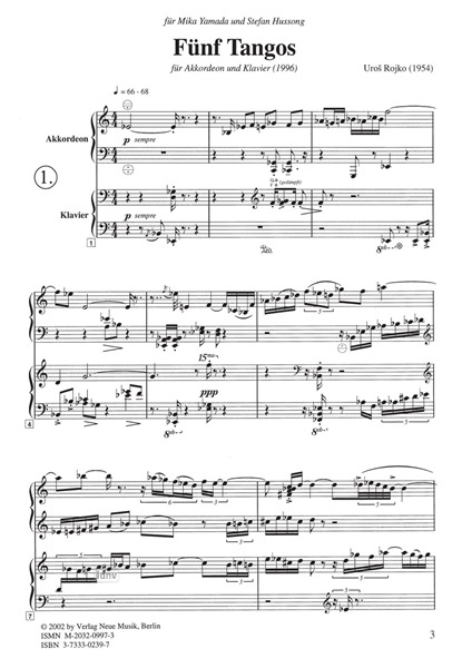 Fünf Tangos für Akkordeon und Klavier (1996) Fünf Tangos für Akkordeon und Klavier (1996)