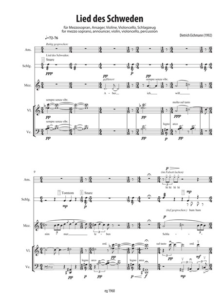 Lied des Schweden Für Mezzosopran, Sprecher, Violine, Violoncello und Schlagzeug (1992)