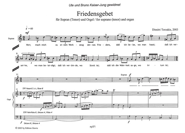 Friedensgebet für Sopran (Tenor) und Orgel (2003) Friedensgebet für Sopran (Tenor) und Orgel (2003)