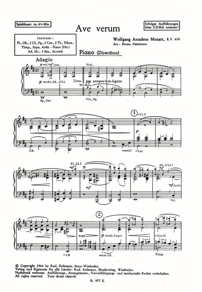Ave Verum - Caro Mio Ben für großes Orchester - Ergänzungsstimmen op. K.V. 618 Ave Verum - Caro Mio Ben für großes Orchester - Ergänzungsstimmen op. K.V. 618