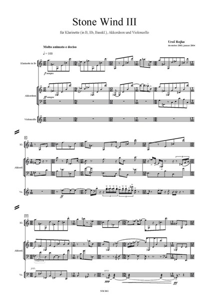 Stone Wind III für Klarinette (in B, Es, Bassklarinette), Akkordeon und Violoncello