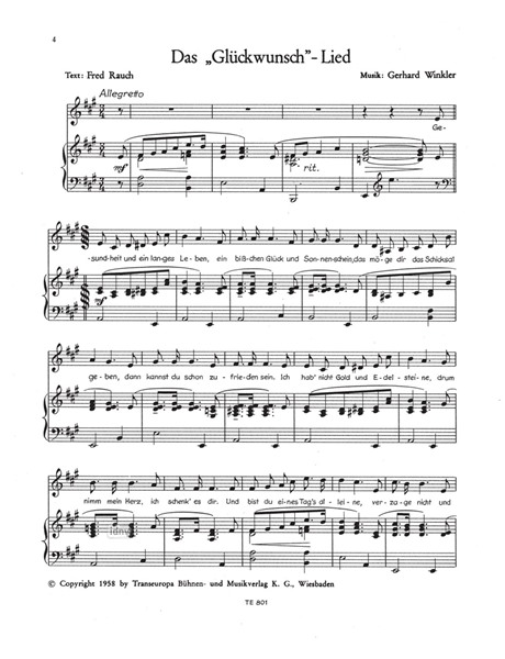 Vier Lied-Erfolge von Gerhard Winkler für Gesang und Klavier Vier Lied-Erfolge von Gerhard Winkler für Gesang und Klavier