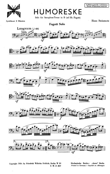 Humoreske für Saxophon oder Fagott und Klavier Humoreske für Saxophon oder Fagott und Klavier