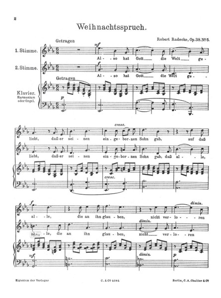 Weihnachtsspruch op. 38 Nr. 5 für 2 Singstimmen und Klavier Weihnachtsspruch op. 38 Nr. 5 für 2 Singstimmen und Klavier