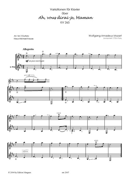 Variationen für Klavier über "Ah! Vous dirai-je, Maman" für zwei Gitarren bearbeitet Variationen für Klavier über "Ah! Vous dirai-je, Maman" für zwei Gitarren bearbeitet