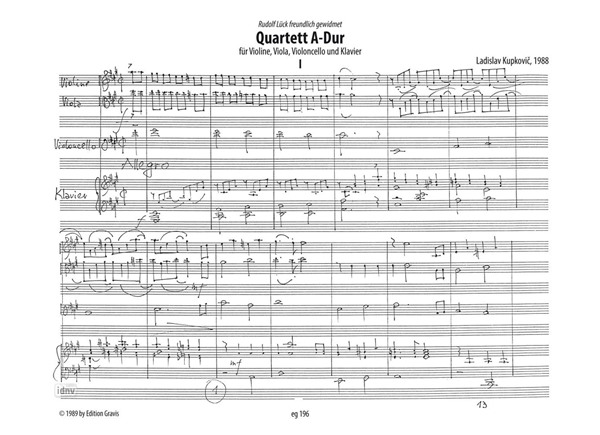 Quartett A-Dur für Violine, Viola, Violoncello und Klavier (1988) Quartett A-Dur für Violine, Viola, Violoncello und Klavier (1988)