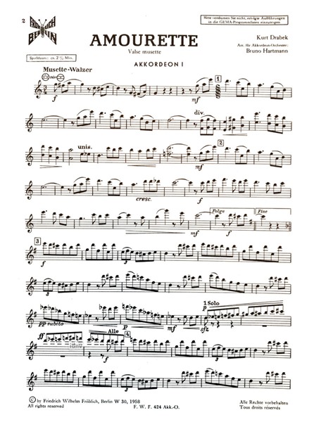 Amourette für Akkordeon-Orchester (Stimme: 1. Akkordeon)