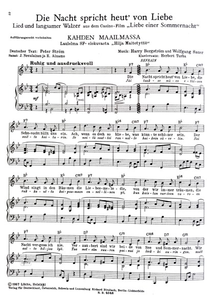 Die Nacht spricht heut´ von Liebe für Klavier Die Nacht spricht heut´ von Liebe für Klavier