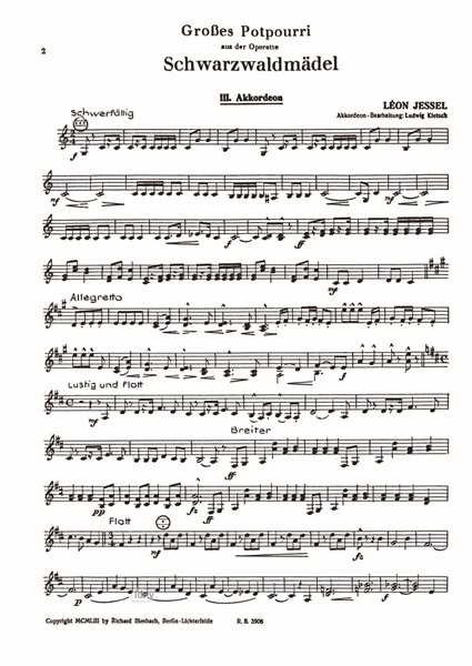 Großes Potpourri aus der Operette Schwarzwaldmädel für Akkordeon-Orchester (Stimme: 3. Akkordeon) Großes Potpourri aus der Operette Schwarzwaldmädel für Akkordeon-Orchester (Stimme: 3. Akkordeon)