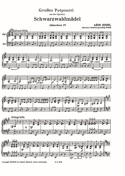 Großes Potpourri aus der Operette Schwarzwaldmädel für Akkordeon-Orchester (Stimme: 4. Akkordeon) Großes Potpourri aus der Operette Schwarzwaldmädel für Akkordeon-Orchester (Stimme: 4. Akkordeon)