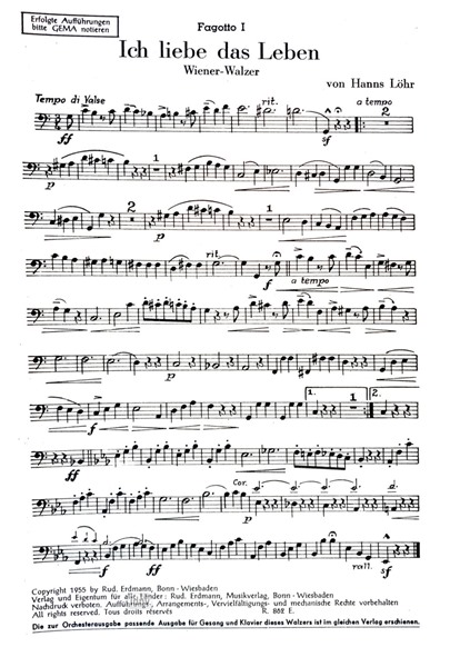 Ich liebe das Leben für Salon-Orchester Ergänzungsstimmen großes Orchester Ich liebe das Leben für Salon-Orchester Ergänzungsstimmen großes Orchester