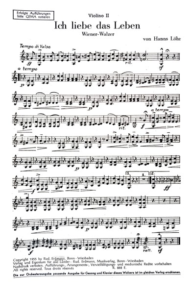 Ich liebe das Leben für Salon-Orchester Ergänzungsstimmen großes Orchester Ich liebe das Leben für Salon-Orchester Ergänzungsstimmen großes Orchester