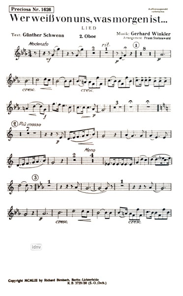 Wer weiß von uns was morgen ist / Intermezzo pastorale für Salon-Orchester - Ergänzungsstimmen großes Orchester Wer weiß von uns was morgen ist / Intermezzo pastorale für Salon-Orchester - Ergänzungsstimmen großes Orchester