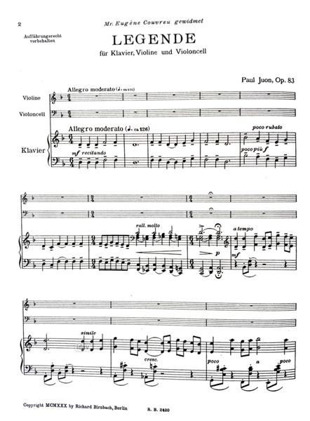Legende Op. 83 für Klavier, Violine und Violoncello Legende Op. 83 für Klavier, Violine und Violoncello