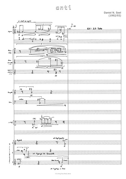 anti für Sopran, 3 Sprecher, kleine Flöte, kleine Klarinette in Es, Sopranino-Saxophon in Es, Trompete, Tuba, E-Bass und Schlagwerk (3 Spieler) anti für Sopran, 3 Sprecher, kleine Flöte, kleine Klarinette in Es, Sopranino-Saxophon in Es, Trompete, Tuba, E-Bass und Schlagwerk (3 Spieler)