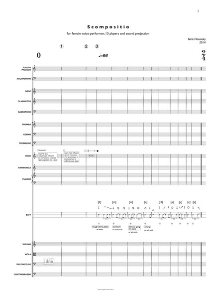 Scompositio für Frauenstimme (mit Klavier, chromatischer Mundharmonika), geteiltes Ensemble und Klangprojektion (2014) Scompositio für Frauenstimme (mit Klavier, chromatischer Mundharmonika), geteiltes Ensemble und Klangprojektion (2014)