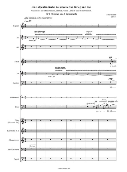 Eine alpenländische Volksweise von Krieg und Tod für 5 Stimmen und 5 Instrumente (2017) Eine alpenländische Volksweise von Krieg und Tod für 5 Stimmen und 5 Instrumente (2017)