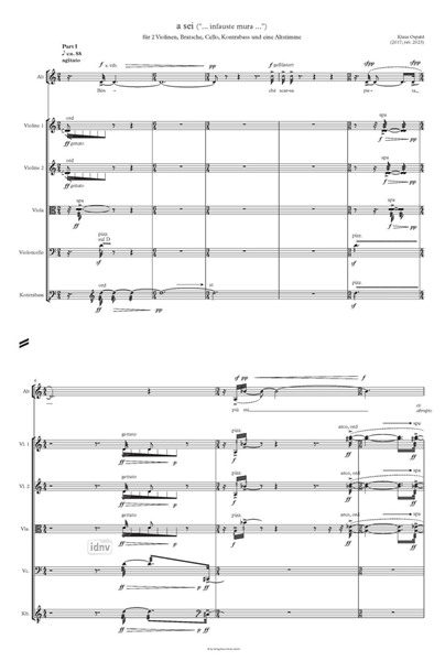a sei ("… infauste mura …") für 2 Violinen, Bratsche, Cello, Kontrabass und eine Altstimme (2017/23) a sei ("… infauste mura …") für 2 Violinen, Bratsche, Cello, Kontrabass und eine Altstimme (2017/23)