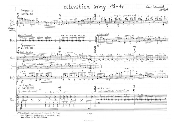 salivation army 19-17 für Jazz-Sängerin (oder Mezzosopran), Altsaxophon, Banjo, Klavier und Percussion salivation army 19-17 für Jazz-Sängerin (oder Mezzosopran), Altsaxophon, Banjo, Klavier und Percussion