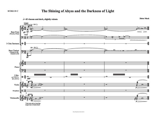 The Shining of Abyss and the Darkness of Light für Flöte (auch Piccolo & Bassflöte), Bassklarinette (auch Klarinette in B & Es-Klarinette), Klavier, Violine, Violoncello, perkussive Zusatzinstrumente und Tonbandzuspielung (2020) The Shining of Abyss and the Darkness of Light für Flöte (auch Piccolo & Bassflöte), Bassklarinette (auch Klarinette in B & Es-Klarinette), Klavier, Violine, Violoncello, perkussive Zusatzinstrumente und Tonbandzuspielung (2020)
