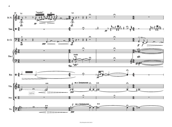 The Shining of Abyss and the Darkness of Light für Flöte (auch Piccolo & Bassflöte), Bassklarinette (auch Klarinette in B & Es-Klarinette), Klavier, Violine, Violoncello, perkussive Zusatzinstrumente und Tonbandzuspielung (2020) The Shining of Abyss and the Darkness of Light für Flöte (auch Piccolo & Bassflöte), Bassklarinette (auch Klarinette in B & Es-Klarinette), Klavier, Violine, Violoncello, perkussive Zusatzinstrumente und Tonbandzuspielung (2020)