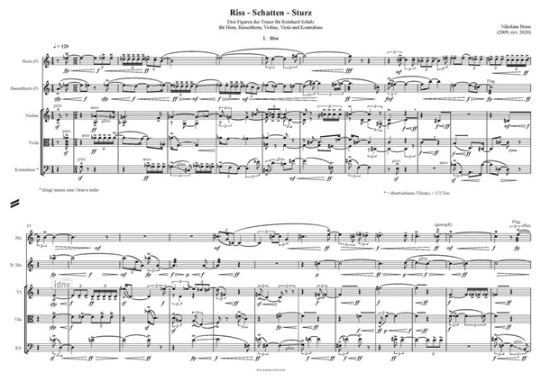 Riss – Schatten – Sturz für Horn, Bassetthorn, Violine, Viola und Kontrabass (2009, rev. 2020) Riss – Schatten – Sturz für Horn, Bassetthorn, Violine, Viola und Kontrabass (2009, rev. 2020)