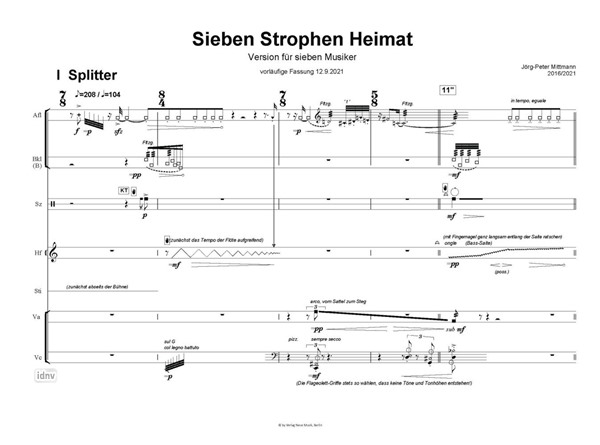 Sieben Strophen Heimat Fassung für Stimme (Mezzosopran) und großes Ensemble Sieben Strophen Heimat Fassung für Stimme (Mezzosopran) und großes Ensemble