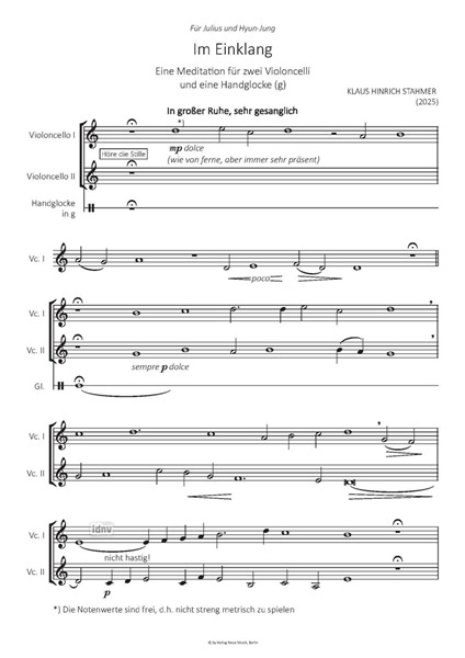 Im Einklang für zwei Violoncelli und eine Handglocke (g) (2025) Im Einklang für zwei Violoncelli und eine Handglocke (g) (2025)