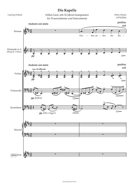 Die Kapelle Fassung für Frauenstimme und Klarinette in A, Violine, Violoncello, Kontrabass, Vibraphon und Klavier (1974/2026) Die Kapelle Fassung für Frauenstimme und Klarinette in A, Violine, Violoncello, Kontrabass, Vibraphon und Klavier (1974/2026)